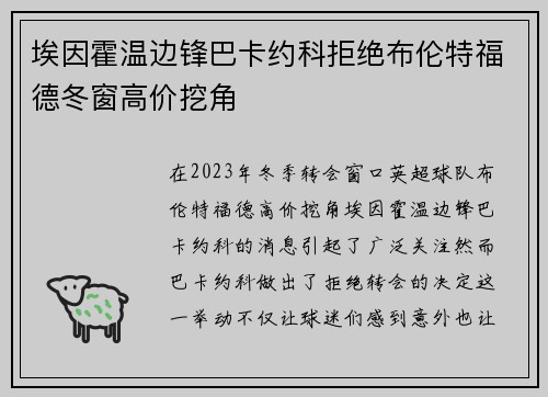 埃因霍温边锋巴卡约科拒绝布伦特福德冬窗高价挖角 埃因霍温边锋巴卡约科拒绝布伦特福德冬窗高价挖角